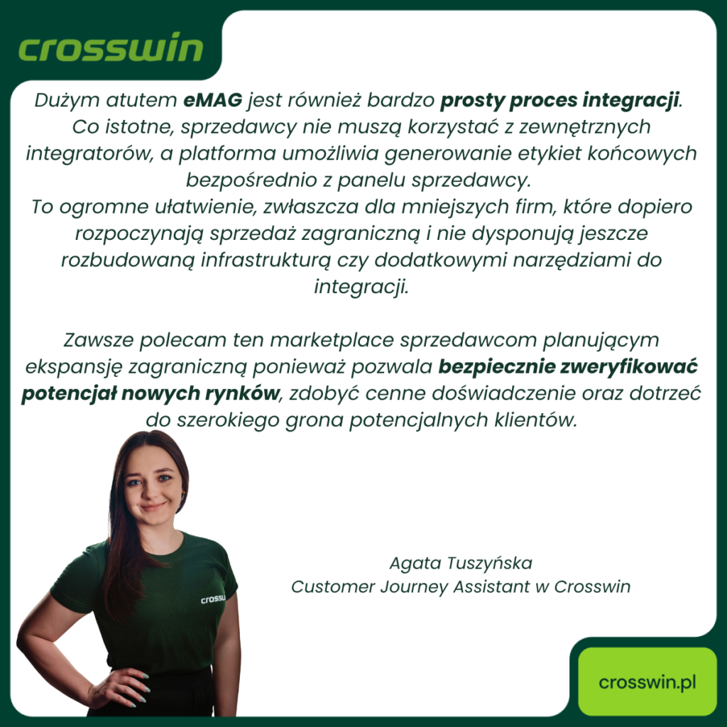 Cytat Agaty Tuszyńskiej z Crosswin o prostym procesie integracji z eMAG Marketplace oraz rozpoczęciu sprzedaży zagranicznej.
