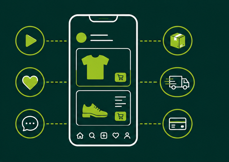 Grafika m-commerce i social commerce: smartfon z feedem zakupowym oraz ikonami zamówienia, dostawy i płatności mobilnych