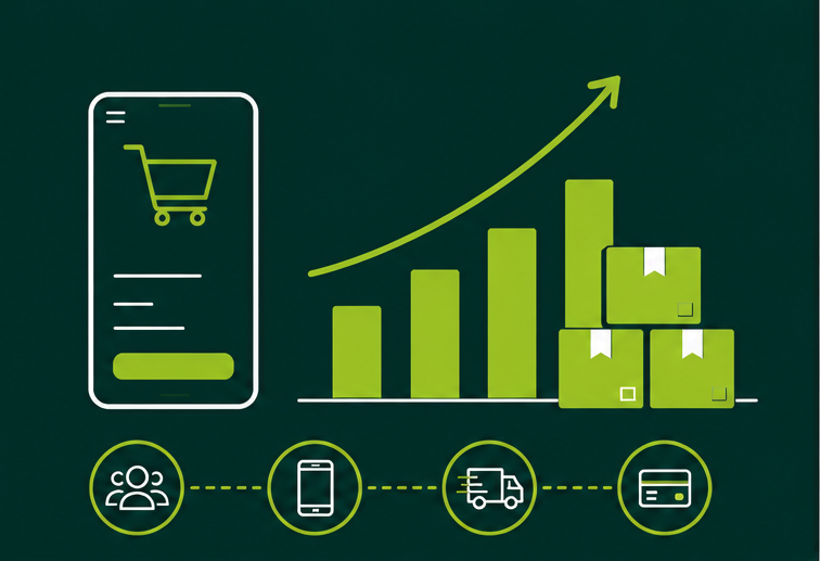 Infografika przedstawiająca wzrost rynku e-commerce w Chorwacji: smartfon ze sklepem internetowym i wykres wzrostu sprzedaży na ciemnozielonym tle